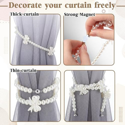 Lewtemi 4 Pcs Magnetic Curtain Tiebacks Decorative, Pearl Strand Bow - style: Pearl Strand Bow