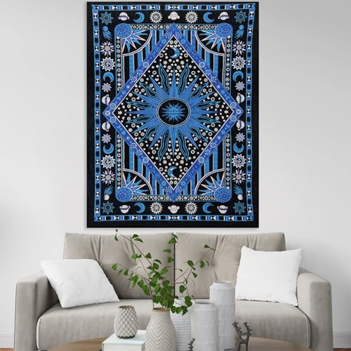 THE ART BOX Sun And Moon Mandala Zodiac Aesthetic Tapestry – Celestial Cotton Wall Hanging, Indie Home Decor 77x102 cm - color: Blue, size: 30"L x 40"W