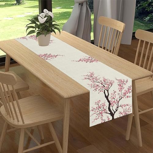 Cherry Blossom Table Runner, Japanese Pink Floral Asian Oriental Eastern Floral Seasonal Print Dining Table Center Decor for Family Kitchen Table Decorations Indoor Outdoor 13x36 inch - color: Cherry Blossom-5, size: 13x36" Table Runner