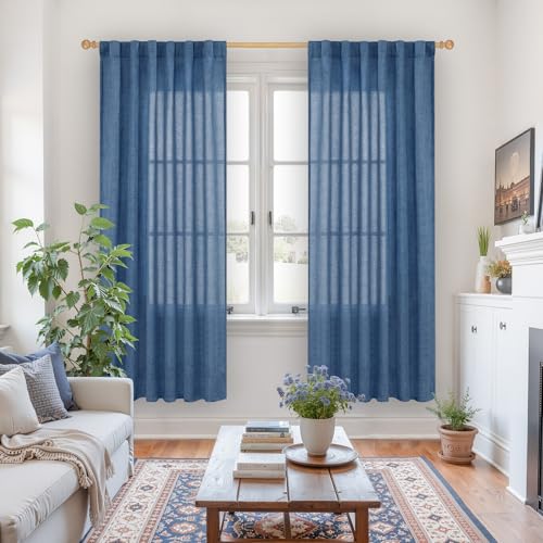 YoungsTex Blue Linen Semi Sheer Curtains for Living Room 52X72 Inch Length - color: Navy, size: 52"W x 72"L (Pack of 2)