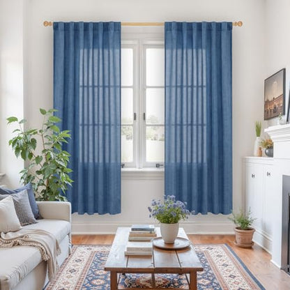 YoungsTex Blue Linen Semi Sheer Curtains for Living Room 52X72 Inch Length - color: Navy, size: 52"W x 72"L (Pack of 2)