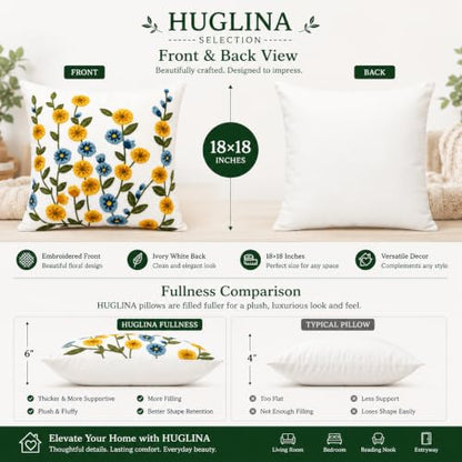 Selection Embroidered Floral Throw Pillow, 18x18 Inch Decorative Pillow with Insert Included, Ivory White Woven Canvas Cushion, Yellow & Blue Wildflower Embroidery, Hidden Zipper, Home Decor