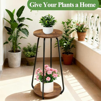 Plant Stand Indoor, 2 Tier Metal Wood Plant Shelf for Living Room, 2 Pack - size: Brown-2Pack