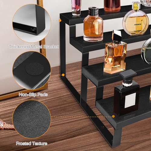 HomePekite Wooden Display Riser Stand, Tiered Perfume and Cologne Organizer Stand, 4 Tier Spice Rack Organizer, Rustic Display Shelf for Candles (4 Tier 2 Pcs), Black