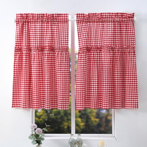 Silnuo Red/White Plaid Gingham Window Valance 26" W x 36" L-2 Panels - color: Red, size: 26"W x 36"L (Pack of 2)