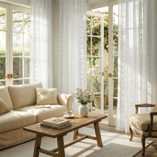jinchan Floral Linen Curtains, Back Tab 54x84 Inch, 2 Panels White - color: S | Off White, size: 54"W x 84"L (Pack of 2)