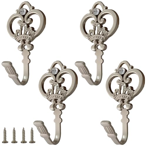 4 Pack Silver Crown Curtain Holdbacks, Heavy Duty Metal Wall Hooks for Hanging Drapes, Coats, Hats & Towels, Vintage Rustic Decor for Living Room, Bedroom, Entryway - color: Silver, size: 4PCS