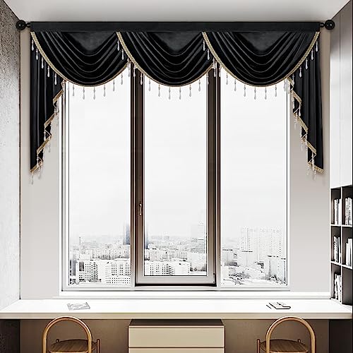 ELKCA Luxury Black Velvet Curtain Valances for Living Room with Beads(98inch,1 Panel) - color: Black, size: 98"W x 43"L (Pack of 1)