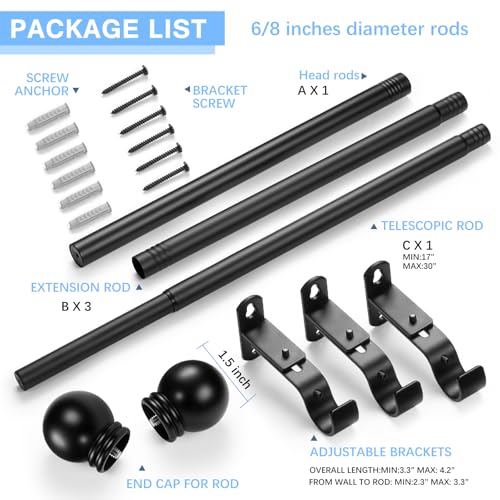 Curtain Rods for Windows 16-76", 6/8 In Black Curtain Rod, 1 Pack - color: Black, size: 76" - 6/8'' rod - 1 Pack