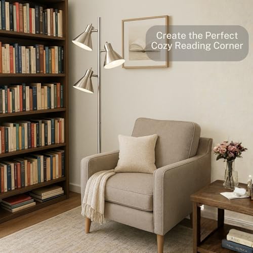 LIGHTACCENTS Tree Floor Lamp, Brushed Nickel - Modern Pole Lamp with 3 Adjustable Reading Lights - 64 inch Stand Lamp for Living Room, Bedroom, Dorm Room - color: Brushed Nickel
