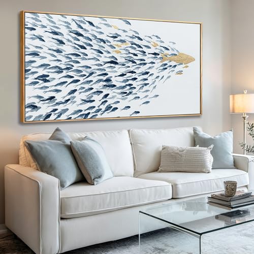 SOUGUAN Large Canvas Wall Art,Ocean Blue Animal Pictures Print,Fish Canvas Wall Decor,Blue And Gold Artwork for Living Room Bedroom Kitchen 24"x48" - color: Blue, size: 48"L x 24"W