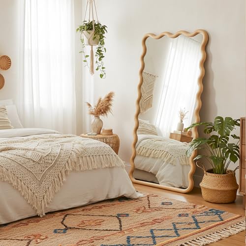 Full Length Mirror, 55”x28” Wavy Wood Floor Mirror for Wall - size: 55"L x 28"W