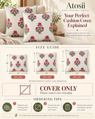 ATOSII Cotton Blockprint Throw Pillow Cover, Poppy, Set of 2, 18 X 18 - color: Poppy, size: 18" x 18" (Pack of 2)
