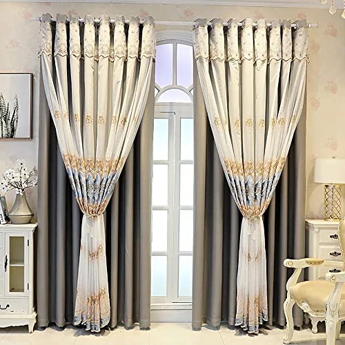 Amidoudou 1 Pair European Double Layer Curtains with Sheer Curtains for Living Room Bedroom Luxury Embroidered Blackout Curtains (Dark Gray,52x102 Inch) - color: Dark Gray, size: 52"W x 102"L (Pack of 2)