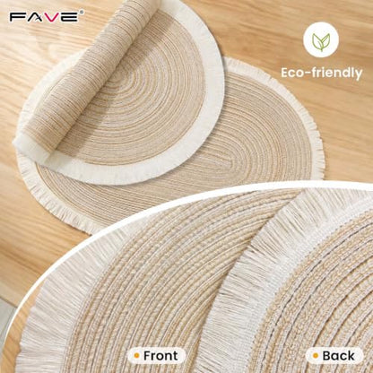 FAVE Boho Oval Woven Placemats Set of 6, Washable Table Mats with Tassels - color: Beige