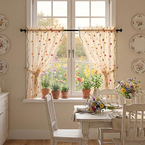 Gilprop Embroidered Flower Curtains 30 x 36 Inches, Champagne, Sheer Daisy - color: Champagne, size: 30 x 36 Inches