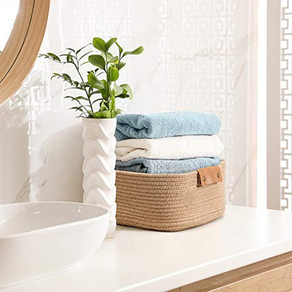 CHICVITA Large Woven Rope Gift Basket with Leather Handles, 20L, Jute - color: Jute, size: 14.5 x 13 x 6 Inch