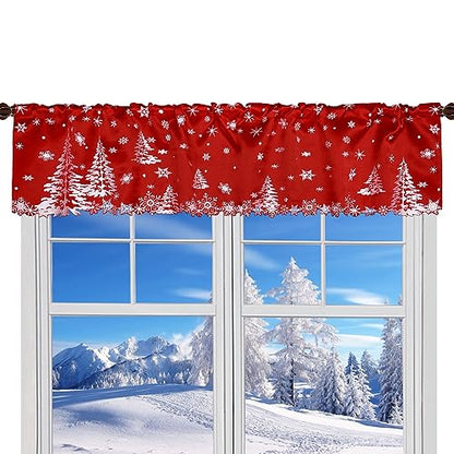 Grelucgo Embroidered Holly Tree and Snowflakes Kitchen Window Curtains Valance 58×14 Inches for Christmas Holidays (Tree) - color: Tree