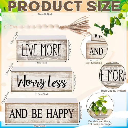 Moucuny 4 Pcs Inspirational Farmhouse Table Decor Rustic Stacked Wooden Block Sign - Live More Worry Less Be Happy Centerpieces Set with Beaded Tassel and Artificial Plant for Home, Office, Shelf Gift - style: Be Happy