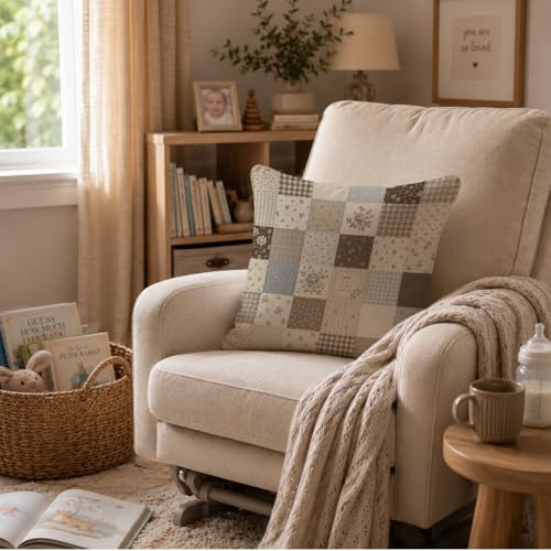 Neutral Farmhouse Floral Patchwork Throw Pillow Cover 18x18 - color: Chocolate