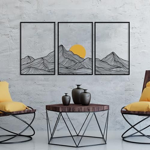 DecoSoul Mountain and Sun Metal Wall Art, Set of 3 Nature Minimalist Home Decor, Mountain Range Panels Modern Wall Art, Sunset Sunrise Framed for Living Room, Housewarming Gift - style: Mountain and Sun