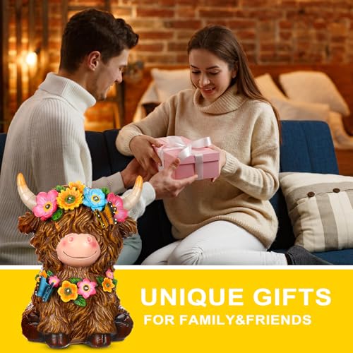 Colingmill 2 Pack Highland Cow Solar Lights Spring Easter Highland Cow Garden Resin Statue with Flower Decoration Solar Outdoor Decor for Patio Yard, Ideal Gift for Mom and Women