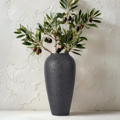 13.4″ Matte Black Ceramic Flower Vase, Tall Rustic Farmhouse Terracotta Vase for Pampas Grass & Branches - Distressed Minimalist Home Décor Floor Vase for Living Room, Entryway, Table Centerpiece - color: Textured Black, size: 13.4 in