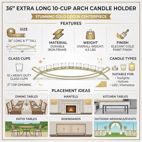 Seraphic Table Centerpiece for Dining Room, Extra Long Candle Holder, Gold - color: Gold/Clear, size: 10 Cup