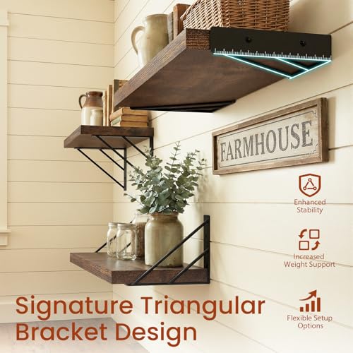 BAYKA Wall Mounted Floating Shelves (Rustic Brown, Set of 4, 16" Mixed) - color: C. Rustic Brown Board & Black Brackets, size: 16 inches Mixed