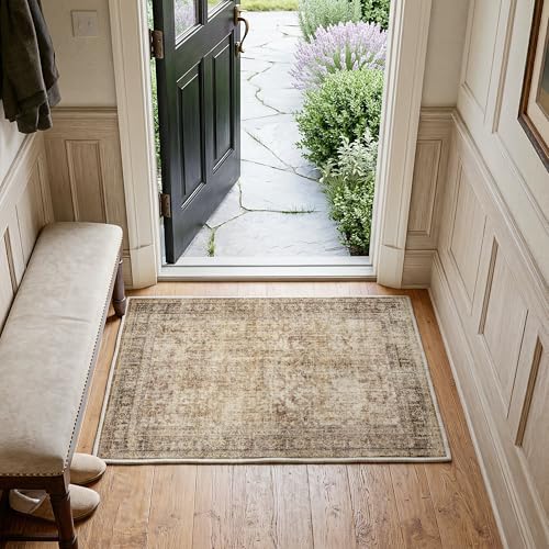 FMFUNCTEX 2x3 Washable Brown Vintage Distressed Small Area Rug for Entryway - color: Brown, size: 2' x 3' (Rectangular)