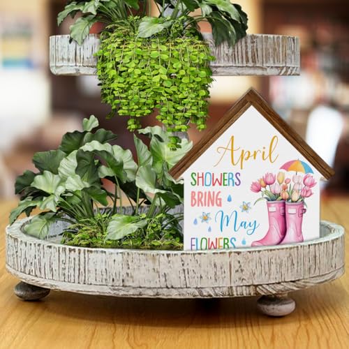 April Showers Bring May Flowers Decorations, Spring House Shaped Wood Block - color: April