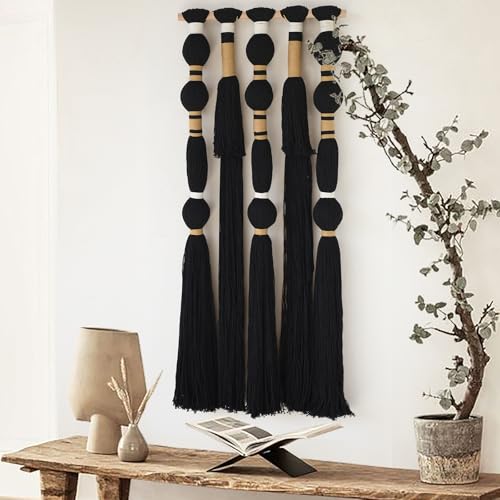 Macrame Wall Hanging Black Spherical Tassel Geometric Wall Art 15.7"W*39"L - color: Black1