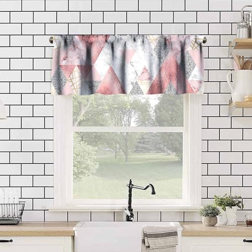 Pink Marble Valance, Abstract Geometric Gold Silver Glitter Lines Modern Luxury Triangles Print Blackout Window Valance for Kitchen Cafe Girls Bedroom, 54x18inch - color: Marble-20