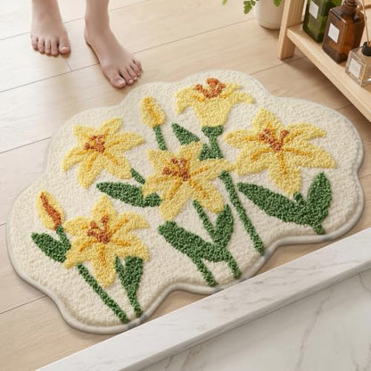 Cloud-Shaped Lily Bath Mat, Soft Non-Slip Fluffy Fresh Flowers Bathroom Rug, Ultra Absorbent Microfiber Shaggy Door Mat, Machine Washable Bath Rug Carpet for Bathtub Bedroom 20x31 Inch (Yellow Lily) - color: Yellow Lily