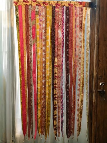 Mango Gifts Bohemian Door Curtain Made from Recycled Silk Sari Ribbon Orange Rod Pocket Panel for Doorway, Window, or Wall Handmade Indian Tapestry Valance for Boho Home Décor - color: Yellow