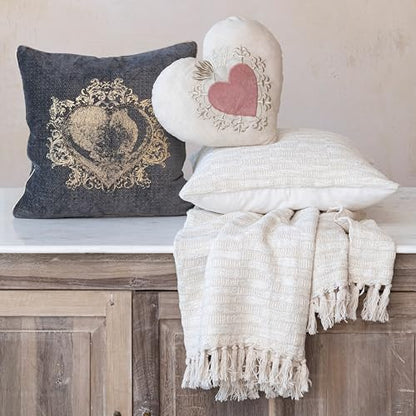 Creative Co-Op Square Cotton Velvet Printed Pillow with Hand-Embroidered Beads, Navy Color
