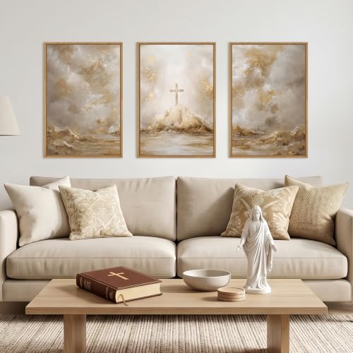 FWIEXA Abstract Christian Jesus Cross Canvas Wall Art Set 3,Gold Texture Religious Mountain Framed Print,Bible Verse Painting,16x24In Neutral Scripture Faith Cross Artwork for Living Room,Bedroom,Church - color: Religion Christ Cross, size: 16"L x 24"W