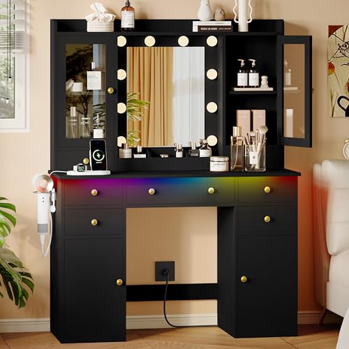 Xixini 44" Vanity Desk with Mirror & Lights, Glass Storage Cabinets, Black - color: Black