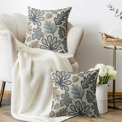Tropical Pillow Covers 16X16 Set of 2, Blue Brown Tan Monstera Palm Leaf Summer Print Abstract Decorative Throw Pillowcases Outdoor Boho Farmhouse Seasonal Cushion Cases Couch Sofa Bed Decor - size: 16" x 16" (Pack of 2)