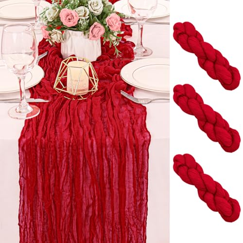 2 Pack 120 Inch Red Cheesecloth Table Runner Boho Rustic Gauze Sheer Romantic 10 FT Long Cheese Cloth Table Runner for Bridal Baby Shower Wedding Party Birthday Holiday Home Easter Decor - color: Red