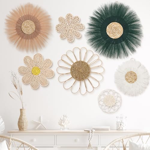 Chunful 7 Pcs Boho Wall Basket Decor Rattan Flower, Emerald Green - color: Emerald Green