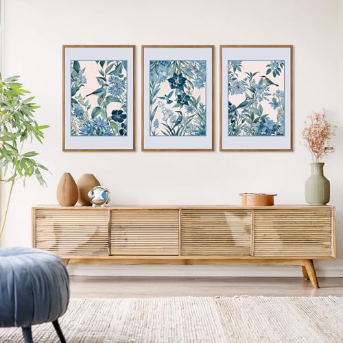 Aurlan 3 Pcs Blue Birds Flowers Framed Canvas Wall Art 16x24 Inch - color: Blue Birds on Botanical, size: 16"L x 24"W