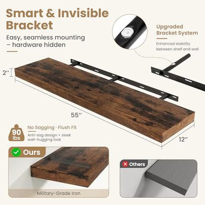 55 Inch Long Floating Shelves for Wall Set of 1, 12"D Wood Grain Shelves - color: Rustic Brown, size: 55"Wx12"Dx2"H, 1P