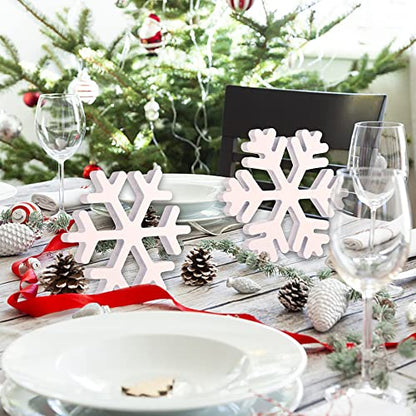 Augisteen 5 Pieces Christmas Wooden Snowflake Decor Winter Snowflake Wood Blocks White Snowflake Table Wood Signs Winter Tiered Tray Wooden Signs for Xmas Party Farmhouse Home Tabletop Shelves