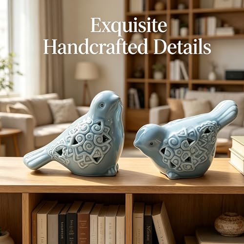 Ceramic Bird Figurines Set of 2, Blue Birds Shelf Decor