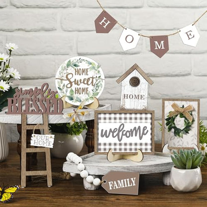 FairySandy 11 Pcs Home Tiered Tray Decor Greenery Rustic Wooden Signs - style: Greenery