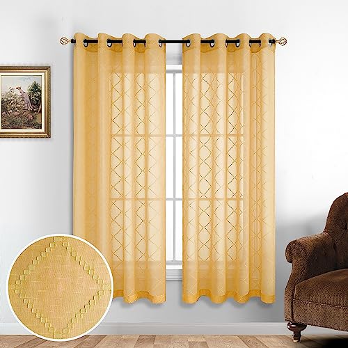 Gold Yellow Grommet Sheer Curtains 63 Inch Length for Bedroom 2 Panels Set Mid Century Modern Boho Geometric Diamond Embroidered Trellis Quatrefoil Patterned Curtains 63 Inches Long for Living Room - color: Gold, size: 52"W x 63"L (Pack of 2)