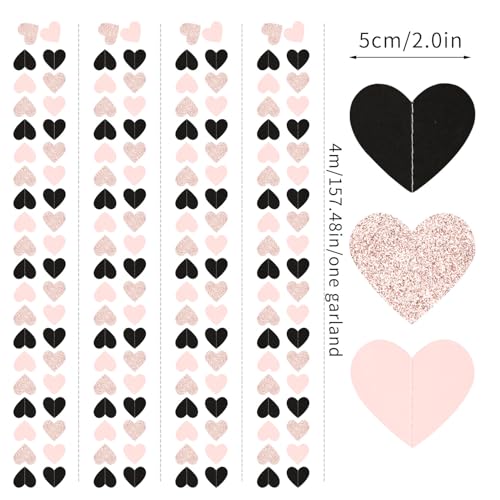 Rose-Gold Black-Pink Valentines Party-Decorations Heart-Garland - 52ft Glitter Galentines Hanging Streamers Banner,Women Romantic Special Night Wedding Birthday Bachelorette Backdrop Decor Burgleda - color: Rose Gold Black Pink