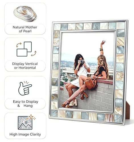 Silver Plate Picture Frame 4x6 Mother of Pearl 4 by 6 Photo Frame Mosaic Glass Tabletop Frame (Grey+ White,1pc) - color: Grey, size: 4x6 Inch