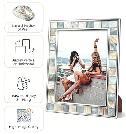 Silver Plate Picture Frame 4x6 Mother of Pearl 4 by 6 Photo Frame Mosaic Glass Tabletop Frame (Grey+ White,1pc) - color: Grey, size: 4x6 Inch